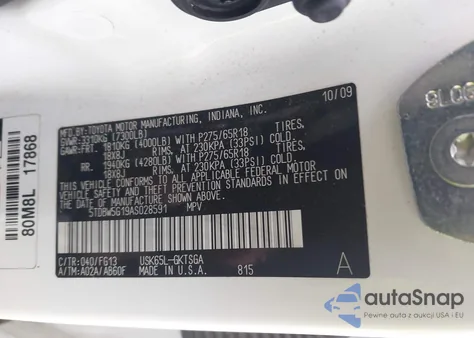 2010 Toyota Sequoia Sr5 5.7L V8 z USA, uszkodzony, nr VIN 5TDBW5G19AS028591